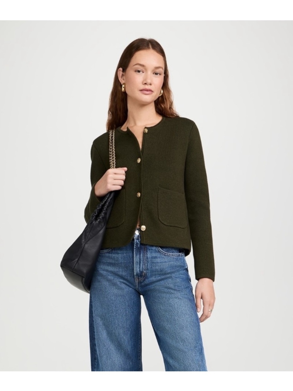 Alex Mill🌿 Paris Sweater cardigan olive crop gold buttons cotton cashmere Sz M